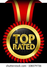 Top rated golden label with red ribbons, vector illustration
