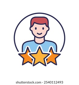 Perfil da pessoa mais bem classificada. Feliz perfil de cliente com três estrelas; simboliza excelente serviço, altas classificações e ótimo feedback.