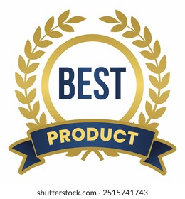 Top Rated Product badge with a golden laurel wreath and a bold blue ribbon. Ideal for highlighting premium quality, excellence, and best-selling products in any design.