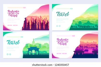 Top rated tourist attractions in china brochure cards set. Best Tourist Attractions in China template of flyear, web banner, ui header, enter site concept background. Layout modern slider 