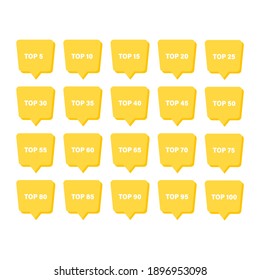 Top rating from 5 to 100 set badge. Vector flat illustration. Best choice. Winner award text title. Yellow badges on white background.