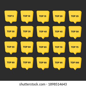 Top rating from 5 to 100 set badge. Vector flat illustration. Best choice. Winner award text title. Yellow badges on black background.