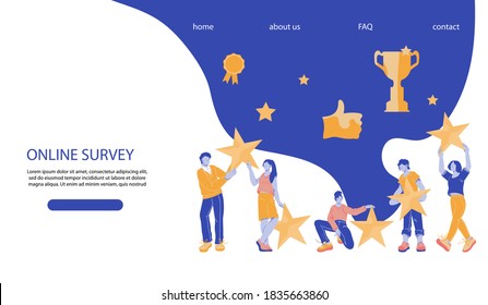 Top rating five stars and best quality  web banner template with people hold stars rating. Concept of best company  and market leadership for web site or landing page, flat vector illustration.