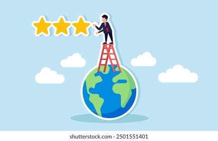 Top rating, three star, best among competitors, and most recognized by customers concept of A businessman placing three stars in the sky to show he is the best in the world