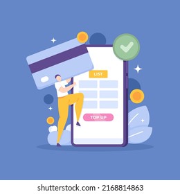 top up or refill funds. online payment transaction system. a male user recharges or adds balance to his account using a mobile application or website. safe. concept illustration design. element