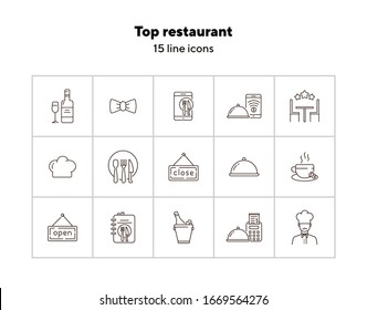 Top restaurant line icon set. Chef, dish, waiter bow, award star isolated outline sign pack. Restaurant business concept. Vector illustration symbol elements for web design and apps