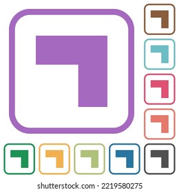 Top right 90 degrees angle arrow solid simple icons in color rounded square frames on white background