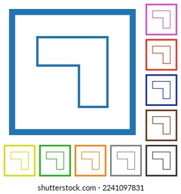 Top right 90 degrees angle arrow outline flat color icons in square frames on white background