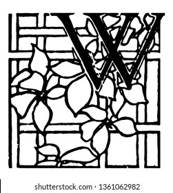 At the top right corner of the picture includes the letter W. There are some flowers across the letter W, vintage line drawing or engraving illustration.