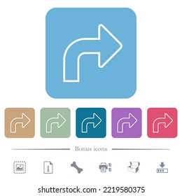 Top right side turn arrow outline white flat icons on color rounded square backgrounds. 6 bonus icons included