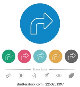 Top right side turn arrow outline flat white icons on round color backgrounds. 6 bonus icons included.