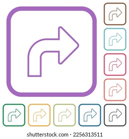 Top right side turn arrow outline simple icons in color rounded square frames on white background