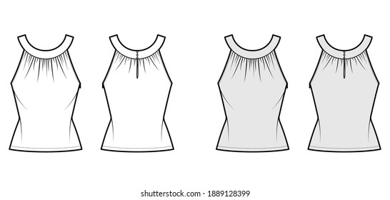 Top rounded neck band tank technical fashion illustration with ruching, fitted body, button keyhole, tunic length. Flat outwear shirt template front back white grey color. Women, men unisex CAD mockup