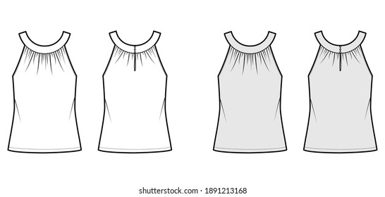 Top rounded neck band tank technical fashion illustration with ruching, oversized, button keyhole, tunic length. Flat outwear shirt template front, back, white grey color. Women, men unisex CAD mockup