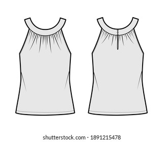 Top rounded neck band tank technical fashion illustration with ruching, oversized, button keyhole, tunic length. Flat outwear shirt template front, back, grey color. Women, men unisex CAD mockup