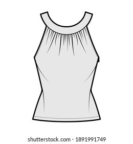 Top rounded neck band tank technical fashion illustration with ruching, fitted body, button keyhole, tunic length. Flat outwear shirt template front, grey color. Women, men unisex CAD mockup