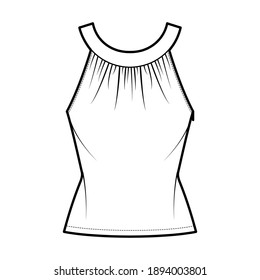 Top rounded neck band tank technical fashion illustration with ruching, fitted body, button keyhole, tunic length. Flat outwear shirt template front, white color. Women, men unisex CAD mockup