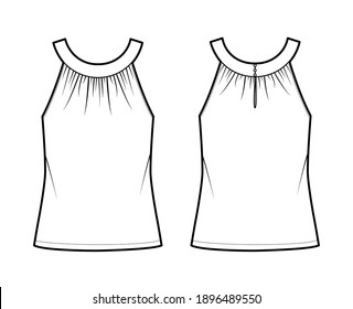 Top rounded neck band tank technical fashion illustration with ruching, oversized, button keyhole, tunic length. Flat outwear shirt template front, back, white color. Women, men unisex CAD mockup