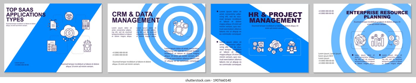 Top SaaS applications types brochure template. Project management. Flyer, booklet, leaflet print, cover design with linear icons. Vector layouts for magazines, annual reports, advertising posters
