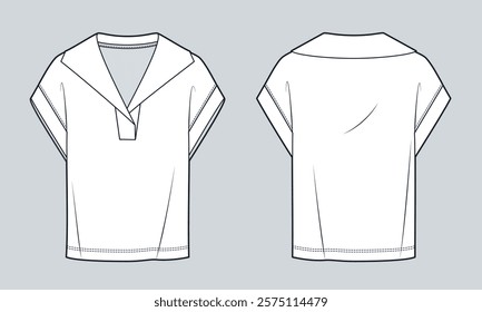 Top with Sailor Collar fashion flat tehnical drawing template. Unisex T-Shirt technical fashion illustration, v neck, relaxed fit, front and back view, white, women, men, unisex CAD mockup.