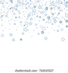 Top Scattered on white background made of little blue stars. Scatter top made of blue falling confetti stars. Vector illustration.