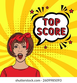 Top score. Comic book explosion with text Top score. Banner for business, marketing and advertising. Social Media banner. Vector bright cartoon illustration in retro pop art style. Creative poster.