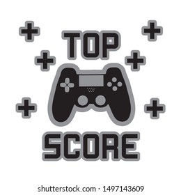 Top Score text, with controller and plus sign, on white background.