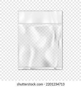 Top Sealed Clear Vinyl Pouch With White Blank Paper Insert On Transparent Background Vector Mock-up. Empty Square Flat Plastic Bag Package Mockup For Design