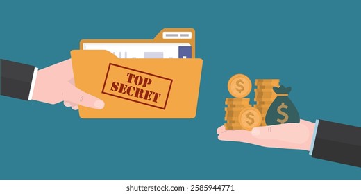 Top secret concept. Folder with classified documents, giving in hands. Deal, illegal transmission of information, bribe, message. Spy give money for secret data, corruption. flat vector illustration