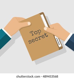 Top secret concept. Folder with classified documents, giving in hands. Deal, transmission of information, bribe, message. Vector illustration flat design.