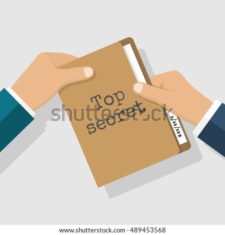 Top secret concept. Folder with classified documents, giving in hands. Deal, transmission of information, bribe, message. Vector illustration flat design.