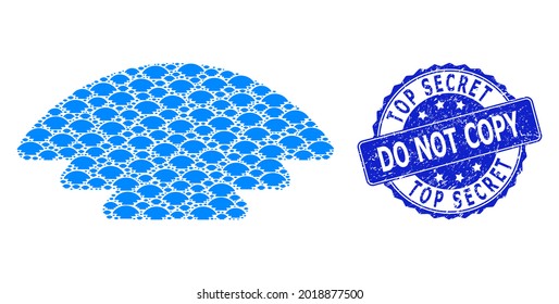 Top Secret Do Not Copy unclean round stamp and vector recursive collage ice hill. Blue stamp seal contains Top Secret Do Not Copy text inside round shape.