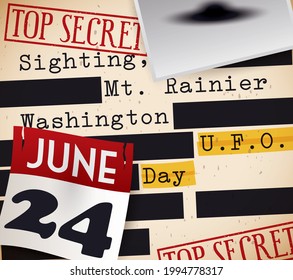 
Top secret file with photo, calendar and censored letter to commemorate the Mount Rainier sighting during UFO Day in June 24.