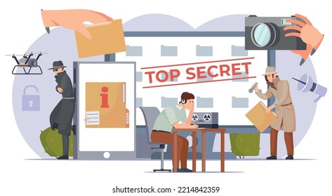 Top secret flat background with male characters spying gathering confidential documents listening to online audio recording vector illustration