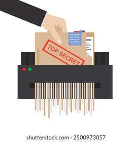 Top secret folder for destruction in shredder machine. Spy or politician hand destroys secret documents in paper shredder. Security, confidential data. Information protection. flat vector illustration