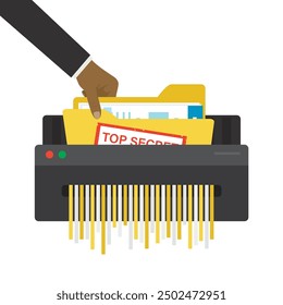 Top secret folder for destruction in shredder machine. Spy or politician hand destroys secret documents in paper shredder. Security, confidential data. Information protection. flat vector illustration