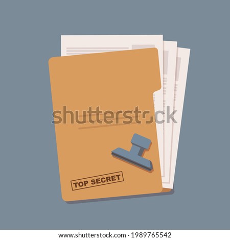 Top secret folder. Folder with documents, seal and stamped top secret. Vector isolated on white background