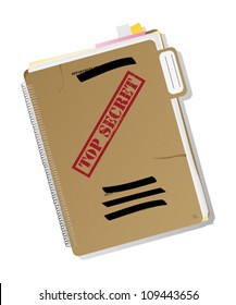 Top secret folder with files, notes and papers, isolated and grouped objects over white background, no mesh or transparencies used.