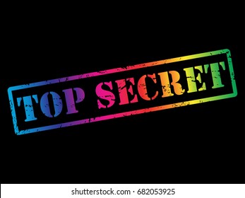 TOP SECRET icon. Rubber stamp vector illustration in rainbow colors. Original grunge colorful rubber stamp texture isolated on black background. Perfect design for t-shirt, web application. Vibrant.