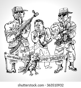 Top secret. For observance of secret to a parrot tied a beak. Security guards and the businessman with the classified information. Vector cartoon