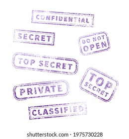 Top secret purple vintage grunge stamp collection isolated on white