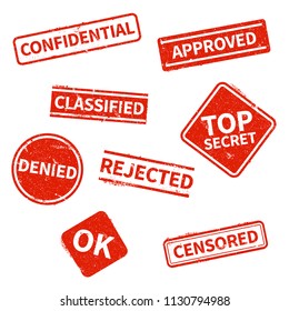 Top secret, rejected, approved, classified, confidential, denied and censored red grunge business stamps isolated on white background. Vector print vintage, imprint denied rubber stamp illustration