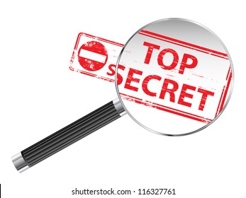 Top Secret rubber stamp under a magnifying glass