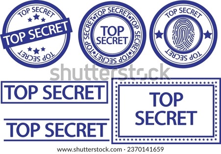 Top secret stamp set in blue color, vector art illustrations.