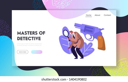 Top Secret Undercover Agent in Hat and Cloak Investigating Crime with Magnifier Glass and Gun. Detective Service, Policeman Website Landing Page, Web Page. Cartoon Flat Vector Illustration, Banner