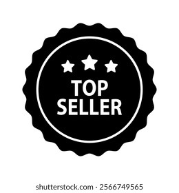 Top seller label badge glyph icon. Business, product quality, sale, promotion, guarantee, marketing, advertising concepts. Flat vector design isolated illustration. 