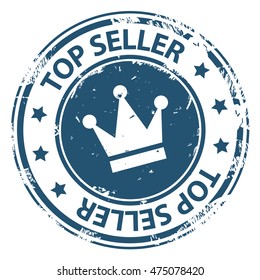 Top Seller round rubber stamp with crown symbol icon isolated on white background. Vector illustration