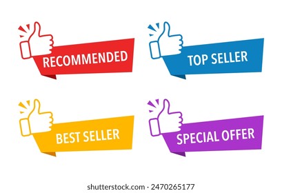 Top seller with thumbs up banner element. Best seller sale label. Recommended sticker. Special offer sign. Good advice.