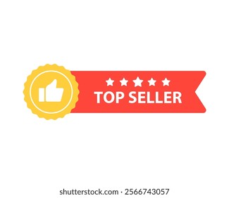 Top seller thumbs up label ribbon. Business, product, sale, promotion, guarantee, marketing, advertising concepts. Flat vector design isolated illustration.