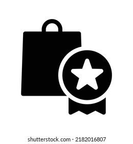 Top selling badge icon with star and shopping bag in black solid style